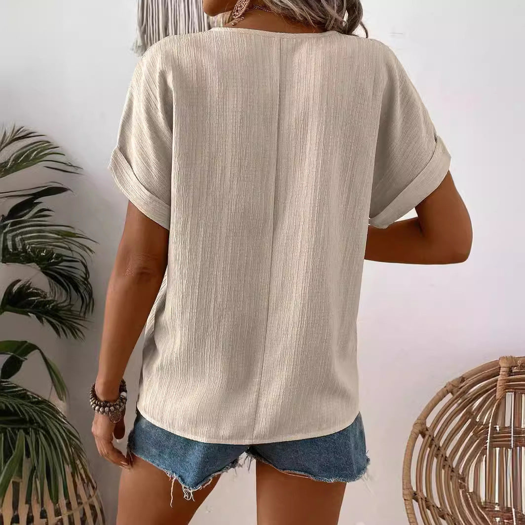 Comfort And Casual Solid Color V-neck Short Sleeve T-shirt