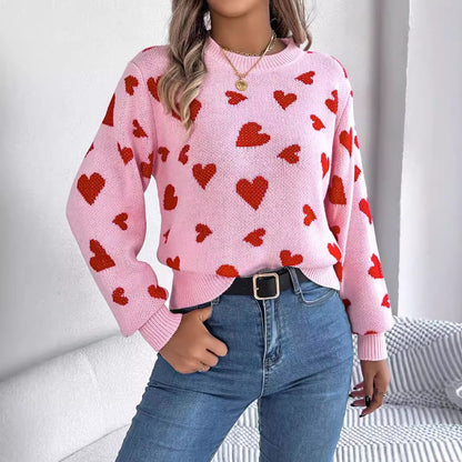 Leisure Round Neck Contrast Color Love Long Sleeve Pullover