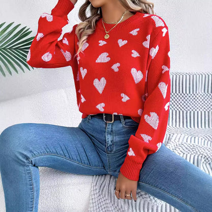 Leisure Round Neck Contrast Color Love Long Sleeve Pullover