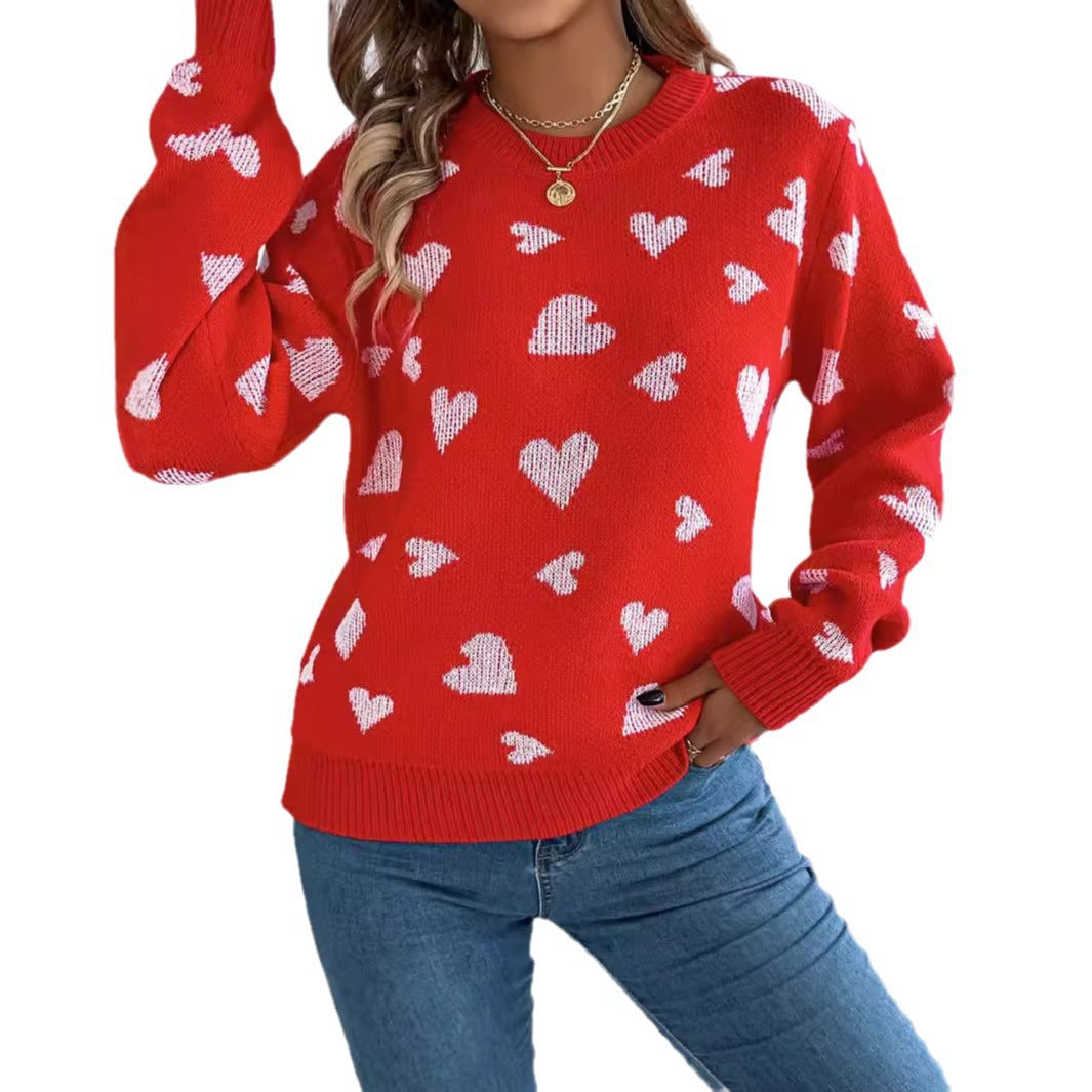 Leisure Round Neck Contrast Color Love Long Sleeve Pullover