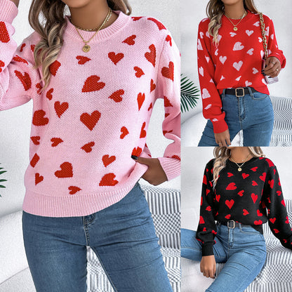 Leisure Round Neck Contrast Color Love Long Sleeve Pullover